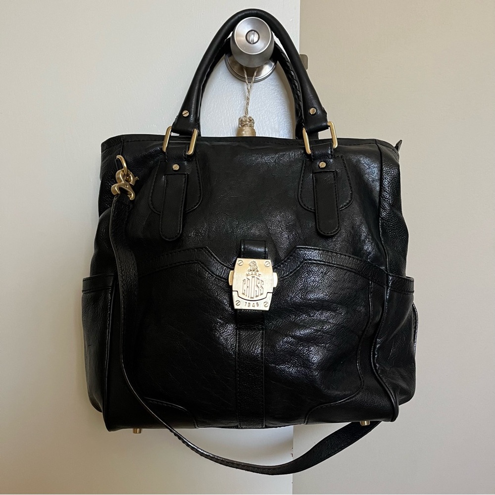 Mark Cross Genuine Black Leather Satchel Tote Bag Purse Cross Body Gold HW